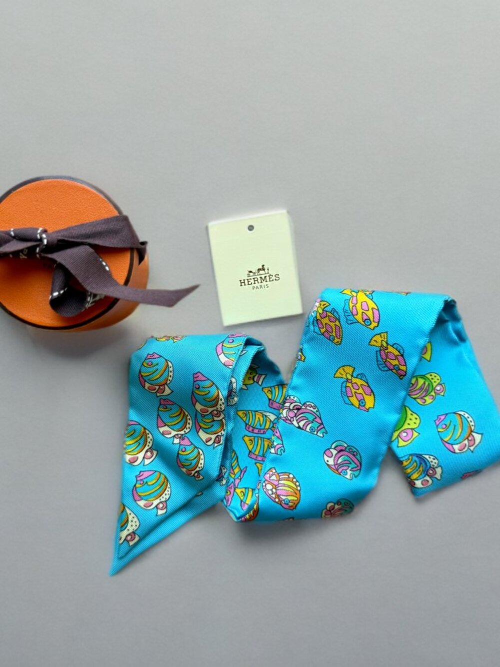Hermes Blue Recontre Oceane Fish Silk Twilly Scarf